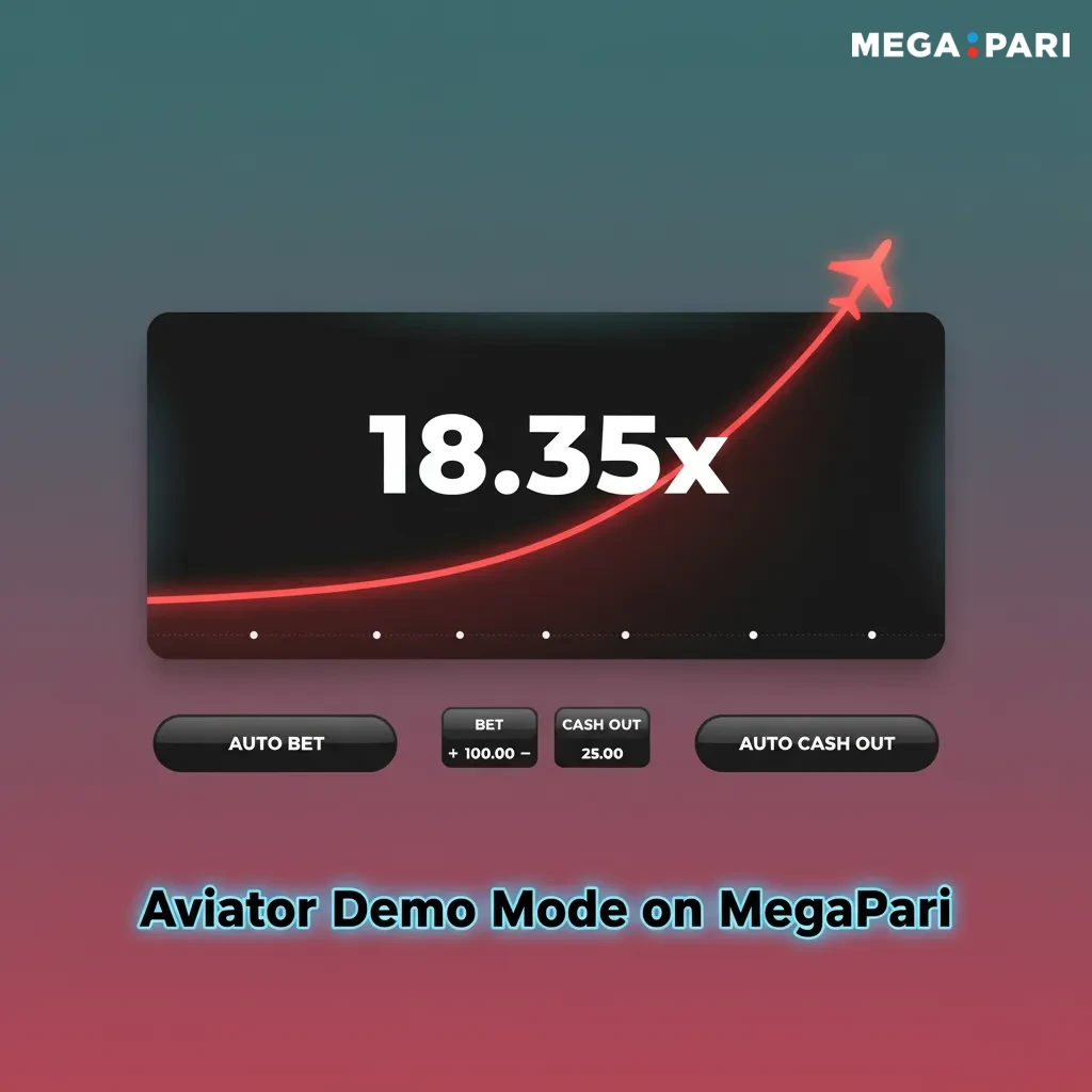 MegaPari Aviator demo screen with 'Demo Mode', Auto Bet, Auto Cashout, multiplier graph, and virtual balance.