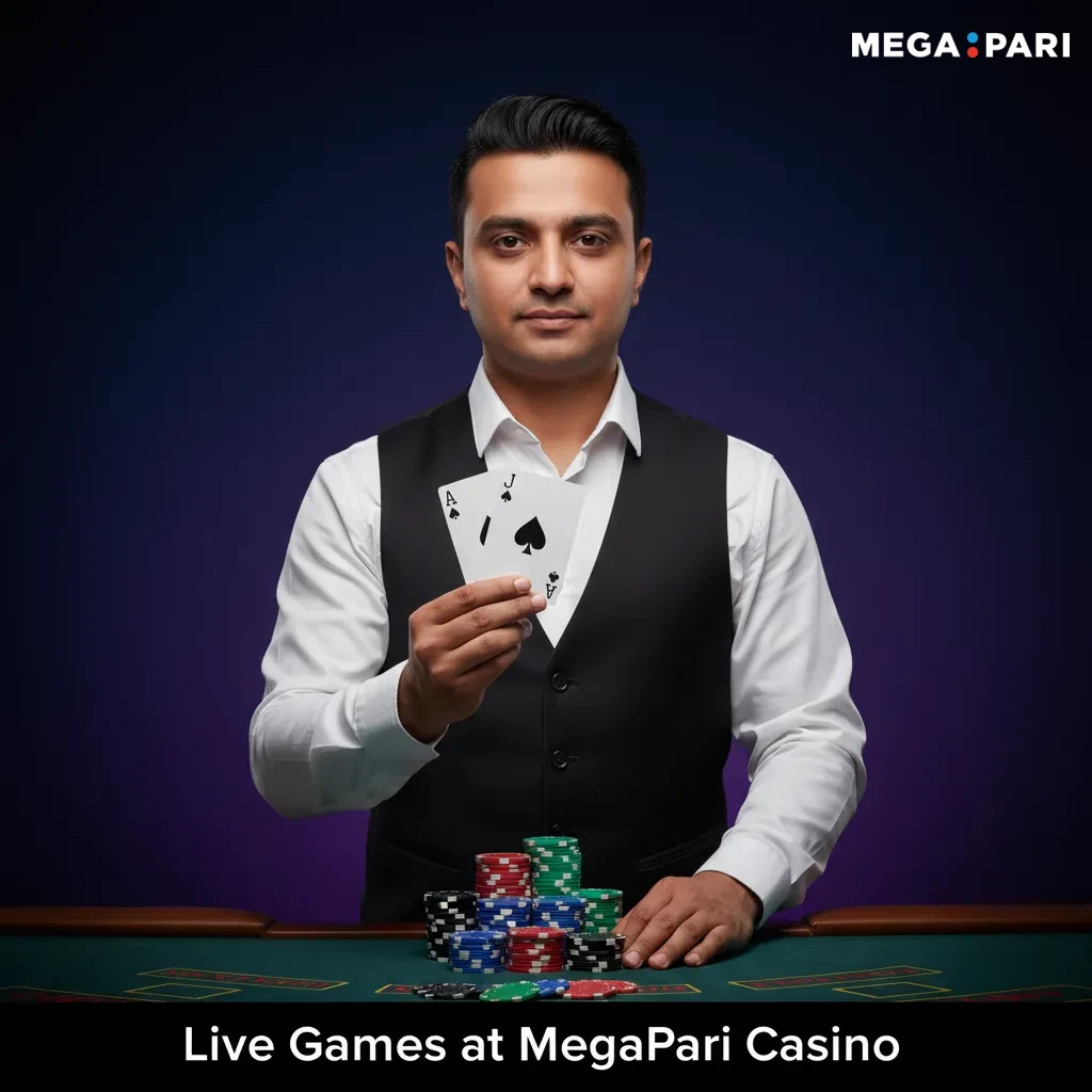 Live dealer lobby at MegaPari Casino with 300+ rooms: roulette, baccarat, blackjack, poker, TV games, Indian classics.