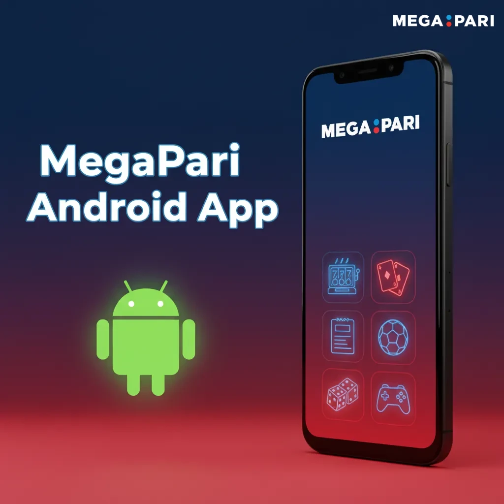 MegaPari Android app on smartphone, one-handed UI with quick access to sports, live markets, slots, and tables.