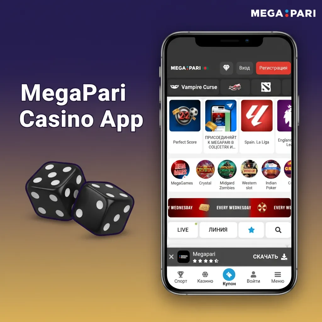 MegaPari Casino app screen with one-tap switch, slots, and live Roulette and Blackjack; promos and free spins.