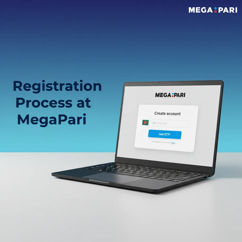 MegaPari registration flow: Sign Up, choose method, set password & BDT, verify SMS/email, deposit to claim welcome bonus.