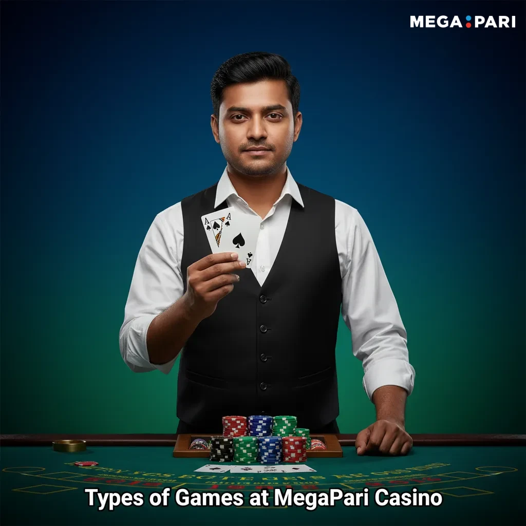 Graphic listing MegaPari Casino game types: slots, crash, table and card games, jackpots, Megaways.
